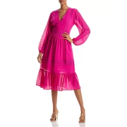 Outlet 🤩 AQUA Swiss Dot V-Neck Midi 👗 Dress - 100% Exclusive Hot Pink ✔️