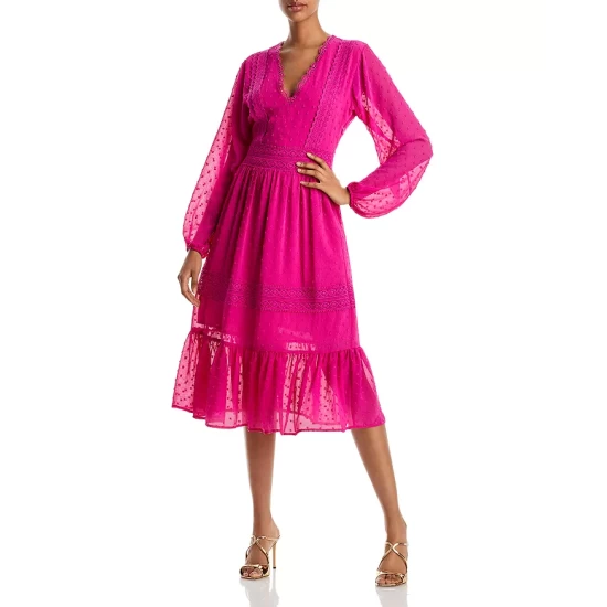 Outlet 🤩 AQUA Swiss Dot V-Neck Midi 👗 Dress - 100% Exclusive Hot Pink ✔️