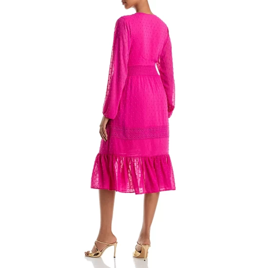 Outlet 🤩 AQUA Swiss Dot V-Neck Midi 👗 Dress - 100% Exclusive Hot Pink ✔️ - Image 3