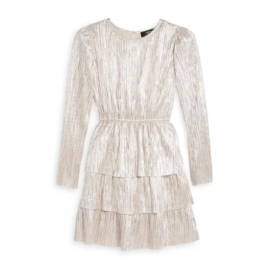Coupon 🌟 AQUA 👧 Girls' Metallic Plisse Long Sleeved 👗 Dress - Big Kid - 100% Exclusive Rose Foil 🎁