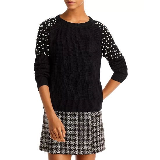 Best Pirce ๐งจ AQUA Imitation Pearl Shoulder Crewneck Sweater - 100% Exclusive Black โญ