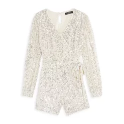 Hot Sale 💯 AQUA 👧 Girls' Sequin Tie Front Romper - Big Kid Champagne 🤩