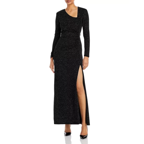 Best Sale 🔥 AQUA Asymmetrical Neck Metallic Knit Gown - 100% Exclusive Black Multi ⌛