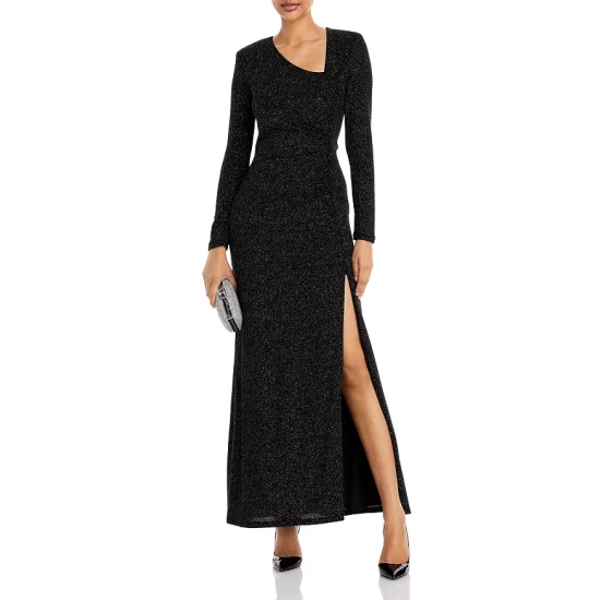 Best Sale 🔥 AQUA Asymmetrical Neck Metallic Knit Gown - 100% Exclusive Black Multi ⌛ - Image 2
