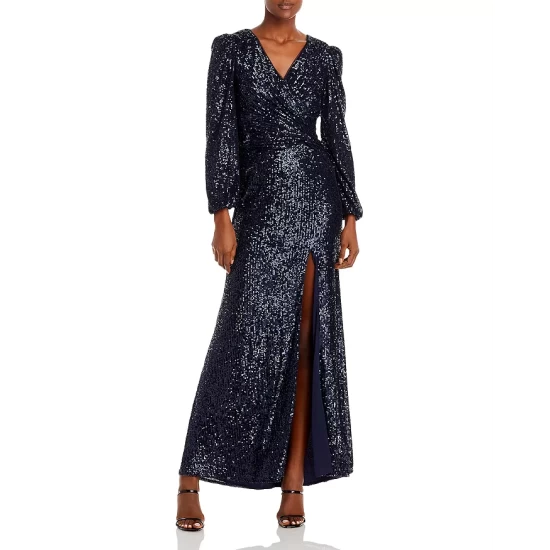 Deals ⭐ AQUA Sequin Twist Front Long Sleeve Gown - 100% Exclusive Navy 🥰