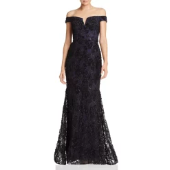 Discount 🎉 AQUA Off-the-Shoulder Embellished Lace Gown - 100% Exclusive Black/navy 😍