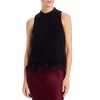 Coupon 🔔 AQUA Mock Neck Feather Trim Top - 100% Exclusive Black 🤩