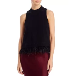Coupon 🔔 AQUA Mock Neck Feather Trim Top - 100% Exclusive Black 🤩