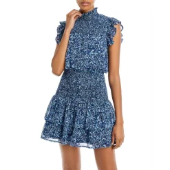 Hot Sale 🎁 AQUA Smocked Metallic Floral Print Mini 👗 Dress - 100% Exclusive Blue Multi ✨
