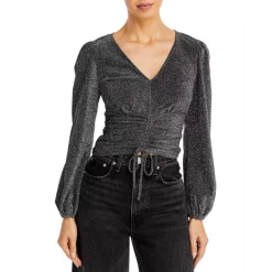 Promo 👍 AQUA V Neck Ruched Tie Top - 100% Exclusive Black/silver 😉