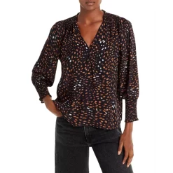 Best Sale ✨ AQUA Printed Smocked Blouse - 100% Exclusive Black Multi 🌟