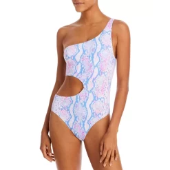 Cheap 😉 AQUA Snake Print One Shoulder Cutout One Piece 🩱 Swimsuit - 100% Exclusive Pink Multi 😀