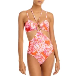 Best reviews of ✔️ AQUA Batik Leaf Print Cutout One Piece 🩱 Swimsuit - 100% Exclusive Orange/pink ✨