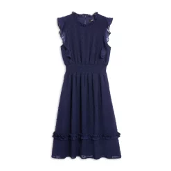 Coupon 🌟 AQUA 👧 Girls' Clip Dot Print Ruffle Midi 👗 Dress, Big Kid - 100% Exclusive Navy 🔥