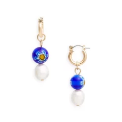 Cheap 🧨 AQUA Flower Painted Bead & Imitation Pearl Charm Hoop Earrings In 14K Gold Plated - 100% Exclusive Blue/gold 😉