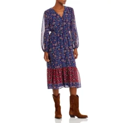 Best deal 👍 AQUA Floral Sheer Puff Sleeve Midi 👗 Dress - 100% Exclusive Navy Multi 🔔