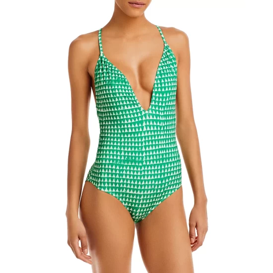 Cheap 🤩 AQUA Triangle Print Plunge One Piece 🩱 Swimsuit - 100% Exclusive Green/white ✔️