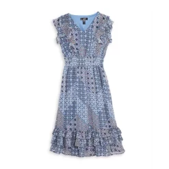 New 👍 AQUA 👧 Girls' Scarf Print Ruffle Midi 👗 Dress - Big Kid Navy 🎁