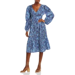 Top 10 🔔 AQUA Floral Ruched Long-Sleeve Midi 👗 Dress Blue Multi 🌟