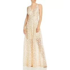 Wholesale 👍 AQUA Raised Floral V Neck Gown - 100% Exclusive Ivory/gold ⭐