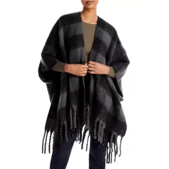 New 😉 AQUA Buffalo Plaid Fringe Ruana - 100% Exclusive Blue/tan ✔️