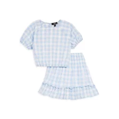 Coupon โญ AQUA ๐ง Girls' Plaid Puff Sleeve Top & Smocked ๐ Skirt, Big Kid - 100% Exclusive Blue/white/pink ๐ฅฐ