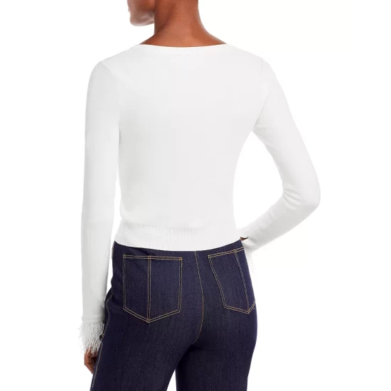 Best deal 🥰 AQUA Feather Cuff Cropped Cardigan - 100% Exclusive White ✨ - Image 3