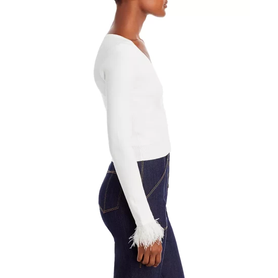 Best deal 🥰 AQUA Feather Cuff Cropped Cardigan - 100% Exclusive White ✨ - Image 4