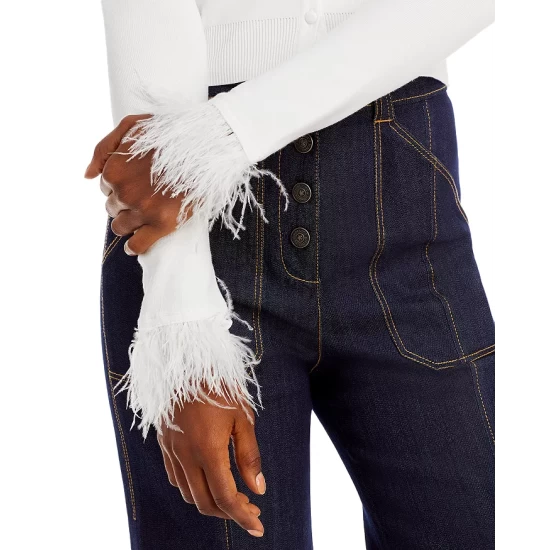 Best deal 🥰 AQUA Feather Cuff Cropped Cardigan - 100% Exclusive White ✨ - Image 6