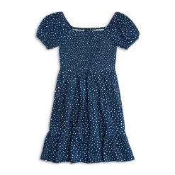 Best Sale ⌛ AQUA 👧 Girls' Short Sleeve Smocked 👗 Dress, Big Kid - 100% Exclusive Navy/white ⭐
