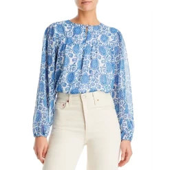 Coupon โจ AQUA Long Sleeve Flowy Printed Top - 100% Exclusive Blue Print ๐