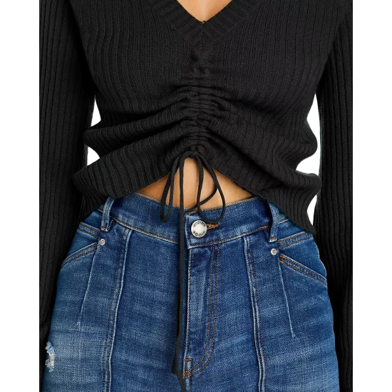 Discount ๐ AQUA Ribbed Drawstring Cashmere Sweater - 100% Exclusive Black ๐คฉ - Image 6