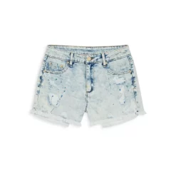 Budget 🌟 AQUA 👧 Girls' High Rise Weekend Destructed Paint Splatter Denim Shorts, Big Kid - 100% Exclusive Light Indigo 🤩