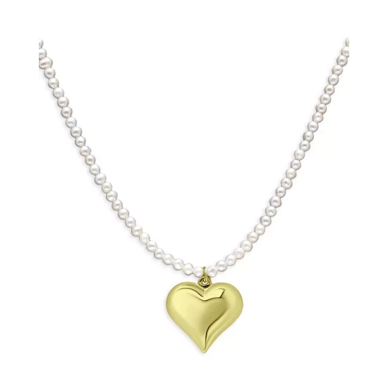Best deal ⭐ AQUA Heart Charm Freshwater Pearl Beaded Pendant Necklace In 18K Gold Plated Sterling Silver, 15.5"-17.5" - 100% Exclusive White/gold ✔️