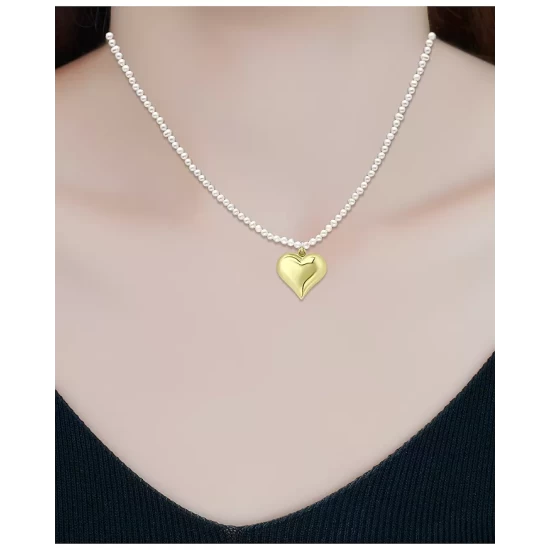 Best deal ⭐ AQUA Heart Charm Freshwater Pearl Beaded Pendant Necklace In 18K Gold Plated Sterling Silver, 15.5"-17.5" - 100% Exclusive White/gold ✔️ - Image 2