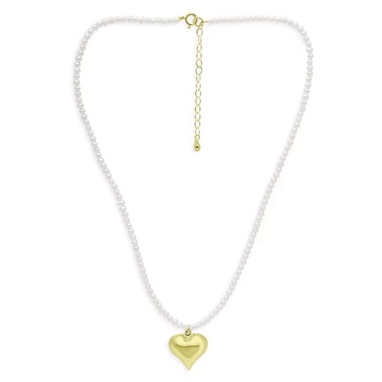 Best deal ⭐ AQUA Heart Charm Freshwater Pearl Beaded Pendant Necklace In 18K Gold Plated Sterling Silver, 15.5"-17.5" - 100% Exclusive White/gold ✔️ - Image 3
