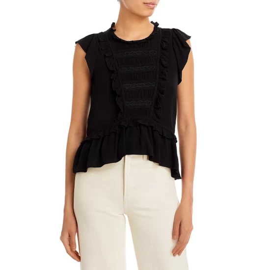 Budget 🔔 AQUA Ruffle Trim Flutter Sleeve Top - 100% Exclusive Black 😀