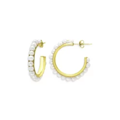 Best Sale ⌛ AQUA Freshwater Pearl Beaded Huggie Hoop Earrings In 18K Gold Plated Sterling Silver - 100% Exclusive ⭐