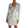 Cheap 🔔 AQUA Sine Metallic V Neck 👗 Dress - 100% Exclusive Silver Metallic 🔥