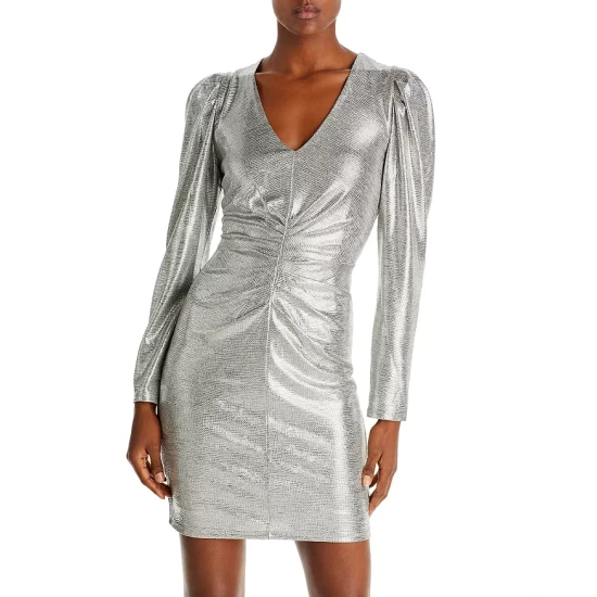 Cheap 🔔 AQUA Sine Metallic V Neck 👗 Dress - 100% Exclusive Silver Metallic 🔥
