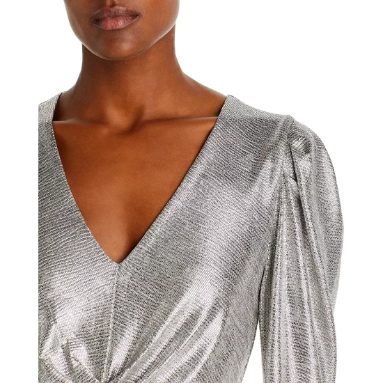 Cheap 🔔 AQUA Sine Metallic V Neck 👗 Dress - 100% Exclusive Silver Metallic 🔥 - Image 4