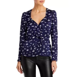 Hot Sale 🧨 AQUA Printed Long Sleeve Ruched Top - 100% Exclusive Navy/white ⌛