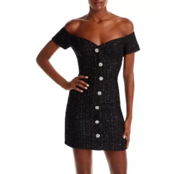 Wholesale 🔔 AQUA Metallic Boucle Off-the-Shoulder Mini 👗 Dress - 100% Exclusive Black 🔥