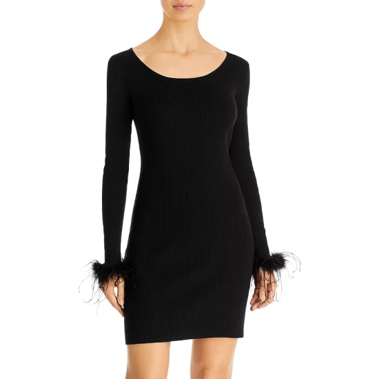 Best reviews of 😀 AQUA Feather Trim Ribbed Knit 👗 Dress - 100% Exclusive Black 🔥